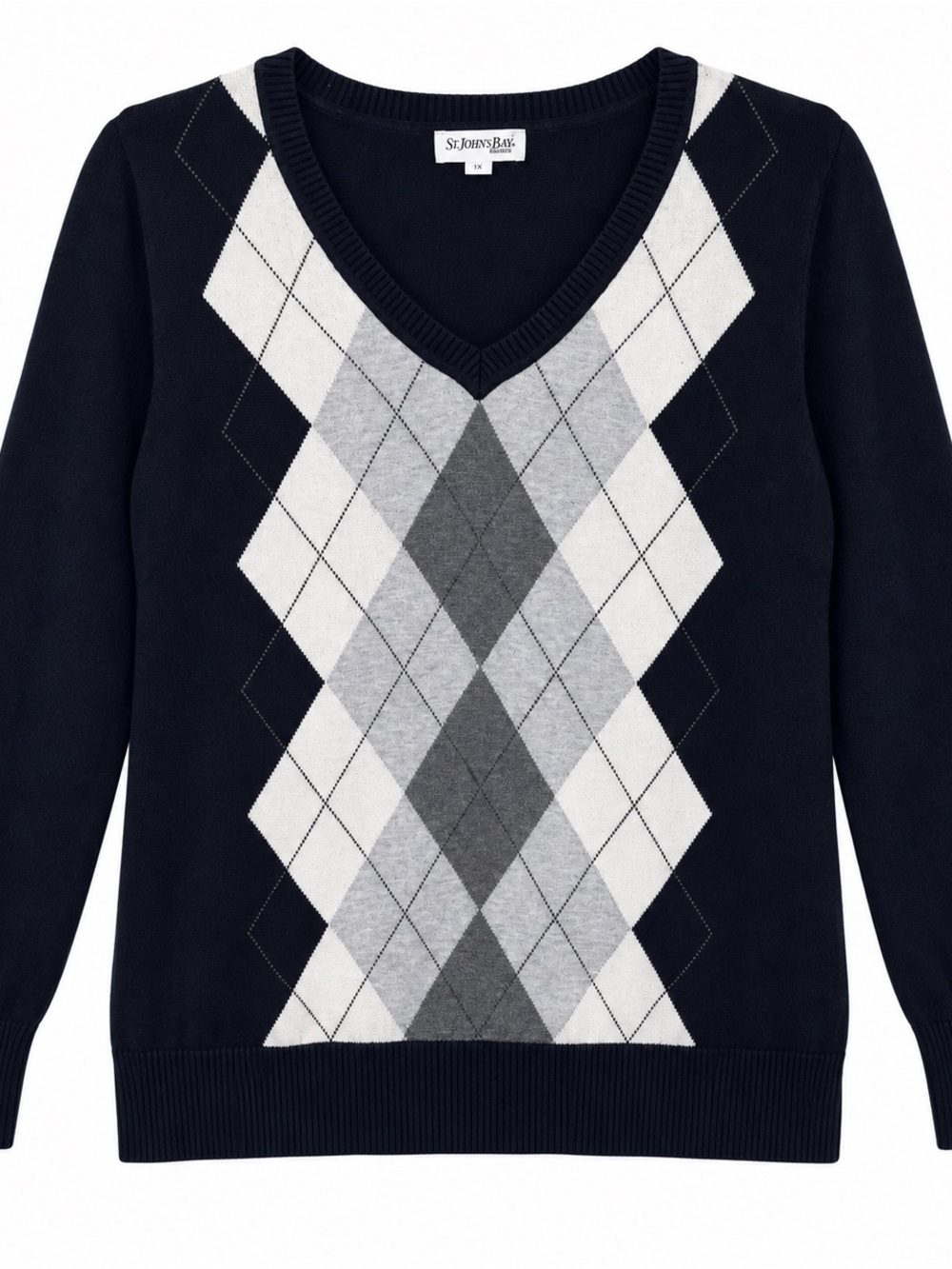 St. John's Bay Women's Black V-Neck Argyle Sweater, Gray & White Diamonds  1X 🩶🖤